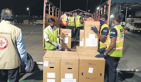 Life-saving equipment from China being unloaded at Kempegowda International Airport. (Photo| EPS)