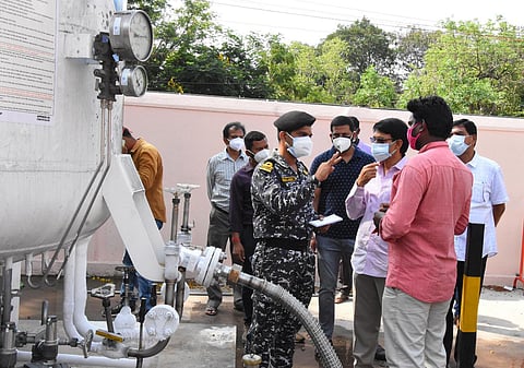 Navy personnel inspecting the oxygen storage tank at the SVR Ruia Government Hospital in Tirupati on Tuesday.(Photo | Madhav K, EPS)