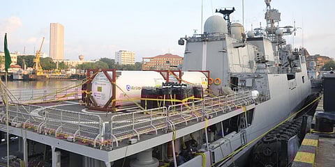 INS Tarkash brought in 40 tons of oxygen donated by France. (Photo| Twitter)