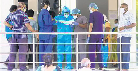 Hospitals in Chennai are overflowing with rising Covid cases. A scene outside the Covid ward at Kilpauk Medical College and Hospital in Chennai on Tuesday | Debadatta Mallick