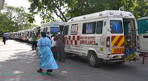 A long queue of ambulances with Covid-19 patients waiting outside Rajiv Gandhi Government General Hospital for admission, on Wednesday. (Photo | Martin Louis, EPS)
