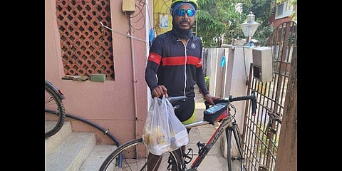 These cyclists, known as 'Relief Riders', deliver essentials to the elderly and other vulnerable groups. (Photo | Special arrangement)