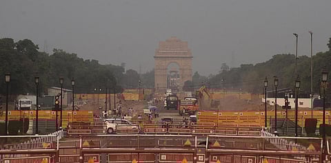 Construction work underway as part of the Central Vista Redevelopment Project, at Rajpath in New Delhi. (Photo | Parveen Negi, EPS)