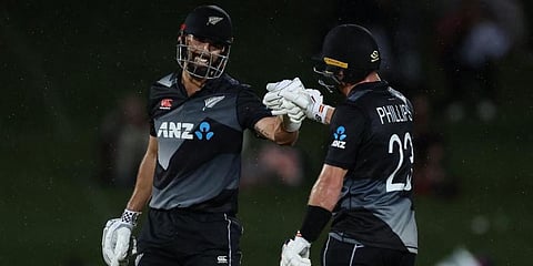 New Zealand cricketers Daryl Mitchell (L) and Glenn Phillips (Photo | AFP)