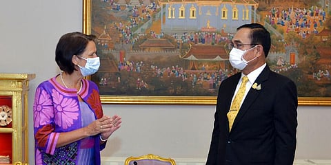 Special Envoy to Myanmar Christine Schraner Burgener, left, talks with Thailand's Prime Minister Prayuth Chan-ocha during a meeting at Government House. (Photo | AP)