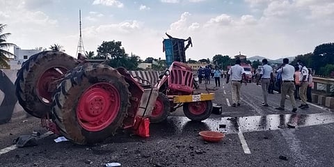 Mangled remains of the tractor which was hit by a speeding truck near Don Bosco school on Pune-Bengaluru national highway in Chitradurga on Friday.