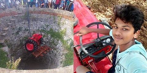The selfie taken by Sanjeev (R) and the tractor being retrieved from the well.