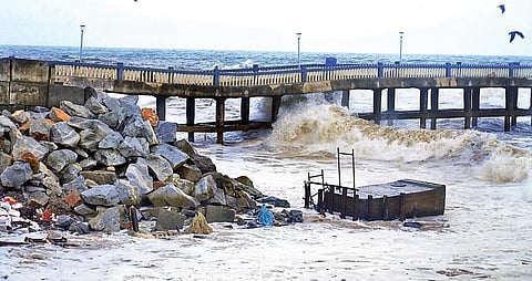 The Valiyathura pier, one of the landmarks of Thiruvananthapuram, bears the brunt of the heavy sea erosion caused by Cyclone Tauktae. (Photo| EPS)