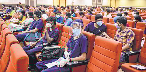 Final-year MBBS students attending an orientation ceremony at Ripon Buildings in Chennai. (Photo| Debadatta Mallick, EPS)
