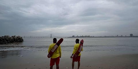 Lifeguards patrol at Dadar Chowpatty due to formation of Cyclone Tauktae in the Arabian Sea in Mumbai. (Photo | PTI)