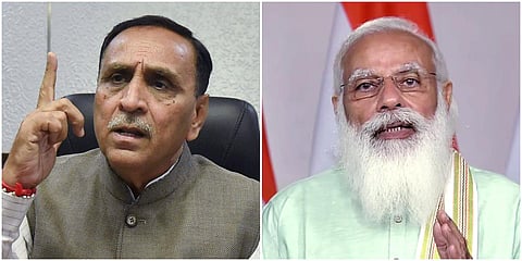 Gujarat CM Vijay Rupani (L) and PM Narendra Modi. (File photo| ANI and EPS)