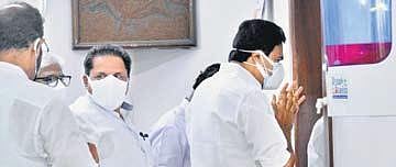 KC(M) chairman Jose K Mani, accompanied by party leader Stephen George, entering AKG Centre in the capital to attend LDF state committee meeting | Vincent Pulickal