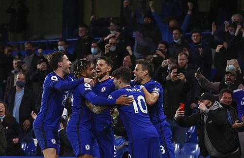 Chelsea's Jorginho celebrates with teammates after scoring his side's second goal from penalty during the English Premier League soccer match between Chelsea and Leicester City (Photo |AP)