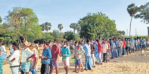 A queue at the Ayurveda camp set up in Nellore’s Krishnapatnam. (Photo | Express)
