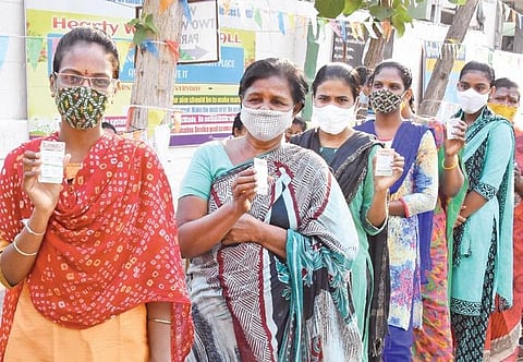 Voters standing in queue to cast their votes for the Lok Sabha byelection in Tirupati. (File Photo | Madhav K)