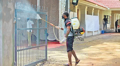 Sanitation work in progress at the counting station at Maharaja’s College on Saturday | Express