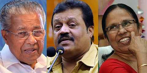 Pinarayi Vijayan, Suresh Gopi and K K Shailaja. (Photo | EPS)