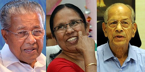 Pinarayi Vijayan, K K Shailaja and E Sreedharan. (Photo | EPS)