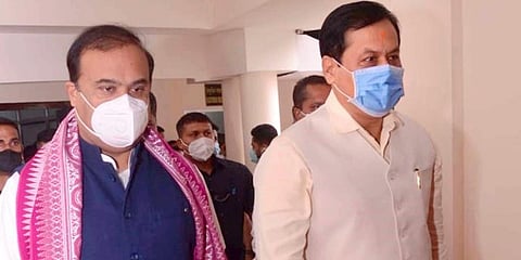 Chief Minister Dr. Himata Biswa Sarma and Former Chief Minister Sarbananda Sonowal arrives to attend the first session of the 15th Assam Legislative Assembly in Guwahati. (Photo | PTI)
