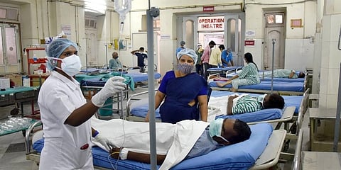 Black Fungus infected patients wait for the surgery at a ward near operation theatre at government ENT Hospital in Hyderabad. (Photo | PTI)