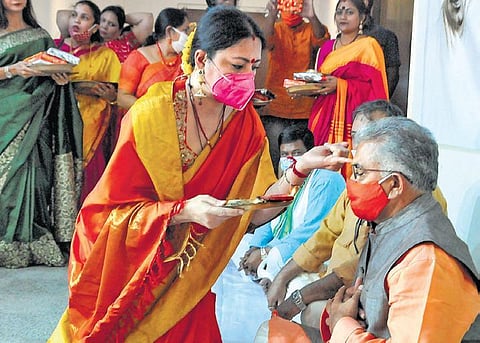 BJP Bengal chief DIlip Ghosh at ‘Bhai Dooj’ celebrations in Kolkata in this file photo. ( PTI)