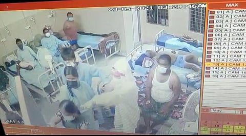 Screen grab from a CCTV camera shows assault on duty doctor at VIMS in Ballari (Photo | EPS)