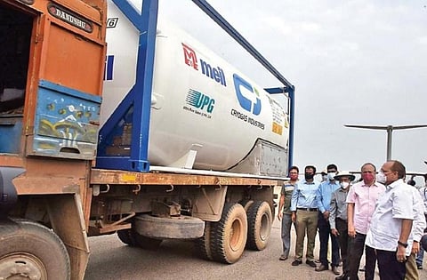 Chief Secretary Somesh Kumar flags off the three tankers, which were received on Saturday, at the Begumpet Air Force Station in Hyderabad