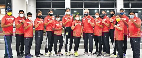 India women boxers & support staff after reaching Dubai on Saturday | BFI