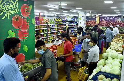 People buying groceries , fruits and vegetables at a super market in Egmore. (Photo | EPS)