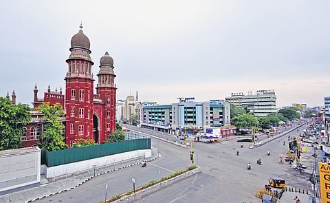 A deserted, otherwise busy, NSC Bose Road in Chennai as lockdown intensifies across State. (Photo | Shiba, EPS)