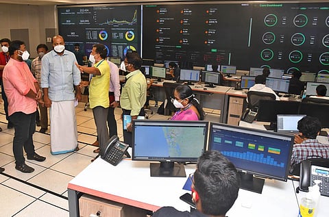 Industries Minister P Rajeeve after holding a review meeting at Covid War Room inside Jawaharlal Nehru Stadium Metro Rail station. (Photo | Albin Mathew, EPS)