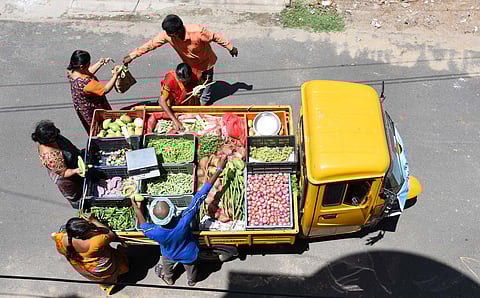 People buying vegetables during the complete lockdown in Tamil Nadu. (Photo | M K Ashok Kumar, EPS)