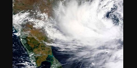 This May 24 satellite image provided by NASA shows Cyclone Yaas approaching India's eastern coast. (Photo | AP)