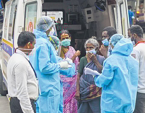 A Covid positive woman being taken to Corona Outpatient Department at Rajiv Gandhi Government General Hospital in Chennai on Tuesday | DEBADATTA MALLICK
