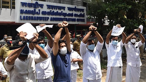 Youth Congress members led by Ernakulam MP Hibi Eden protesting outside the Lakshadweep administrative office in Kochi against the new rules imposed in the Union Territory | Albin Mathew