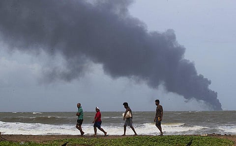 A fire on a container ship carrying chemicals raged off Sri Lanka for a sixth day and India sent vessels to help douse the blaze, officials said. (Photo | AP)