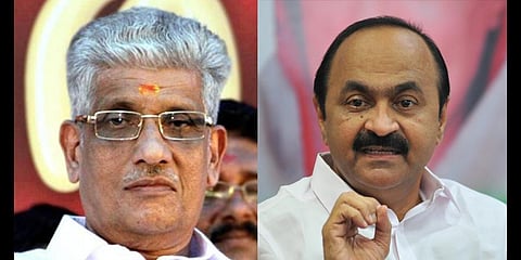 NSS General Secretary G Sukumaran Nair (L) and Opposition Leader V D Satheesan.