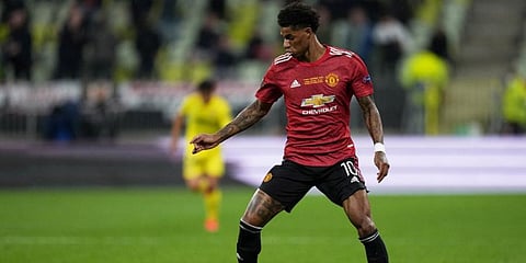 Manchester United striker Marcus Rashford controls the ball during the UEFA Europa League final. (Photo | AFP)