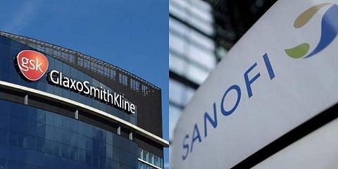 Logos of GSK and Sanofi outside their company headquarters. (File photo | AFP)