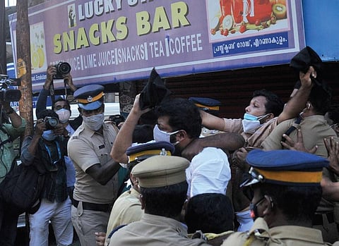 Police block protesting Congress workers from entering Ernakulam Press Club where Lakshadweep Collector S Asker Ali was holding a news conference on Thursday | A Sanesh