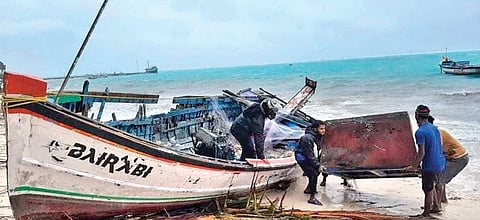 A fishing boat which was damaged in the Cyclone Tauktae that hit the island last week. The fishermen couldn’t move the boat to safety as the island administration has demolished their sheds.