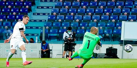 Italy's Andrea Belotti (L) scores during the friendly match between Italy and San Marino. (Photo | AP)