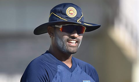 Sri Lanka's Thisara Perera during their practice session on the eve of first ODI match against India at the HPCA Stadium. (File Photo | PTI)