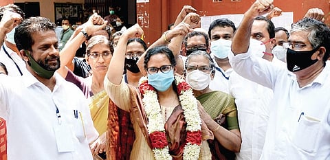 RMPI candidate K K Rema and party workers celebrating their victory at Madappally College, Vadakara in Kozhikode on Sunday | Express