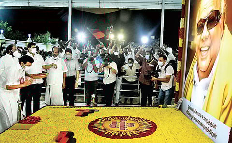 DMK president MK Stalin pays respects at Karunanidhi memorial at Marina in Chennai on Sunday night after his election victory | ashwin prasath