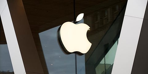 An Apple logo adorns the facade of the downtown Brooklyn Apple store in New York.