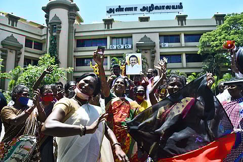DMK supporters celebrate the victory of the assembly election, in Chennai. (Photo| Ashwin Prasath, EPS)
