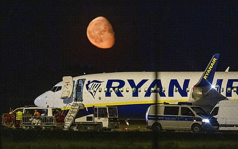 Federal police inspect a Ryanair aircraft after the unscheduled landing of the plane at the Berlin International Airport in Schoenefeld near Berlin, Germany, Monday, Mai 31, 2021. (Photo | AP)
