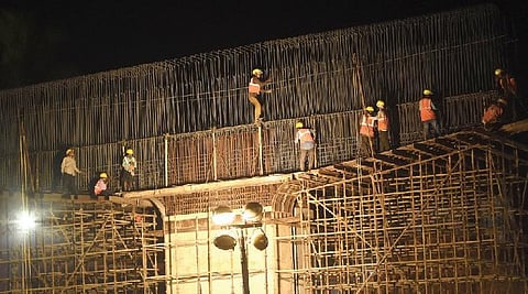 Construction of one of the pillars of the elevated highway on NH66 connecting Kazhakoottam and Technopark in progress. (Photo | B P Deepu, EPS)