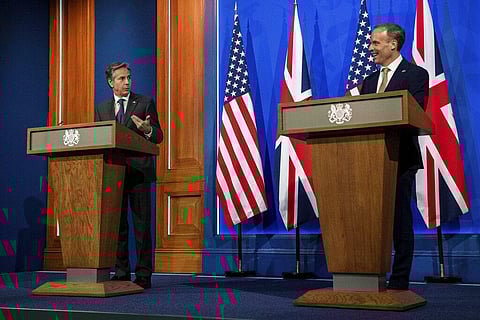 Britain's Foreign Secretary Dominic Raab, right, and US Secretary of State Antony Blinken attend a joint press conference at Downing Street in London, Monday. (Photo | AP)